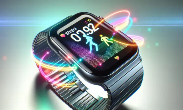 En Apple Watch med färgglada ljusstrålar som virvlar runt. Skärmen visar stegräknare och löpande figurer. Perfekt för dig som vill hitta din nya träningskompis.