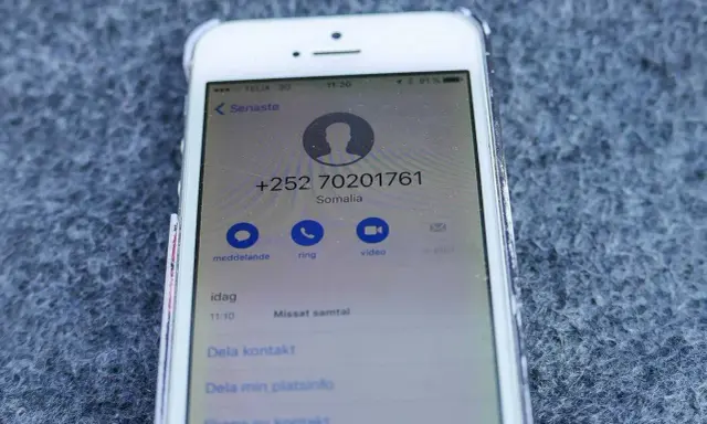 Senaste samtal från Somalia, nummer +252 70201761. Ett missat samtal idag kl 11:10.