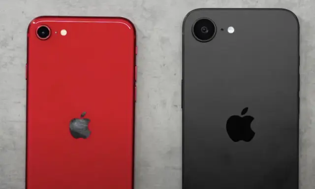 Två iPhones, en röd och en svart, ligger sida vid sida. Den röda har ett Apple-märke och en kamera. Den svarta har också ett Apple-märke och en kamera. Kanske en iPhone SE 4?