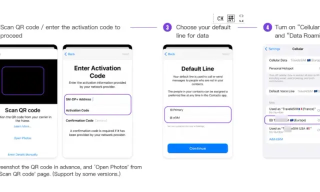 Steg för steg: lägg till ett fello e sim. Följ instruktionerna för att skanna QR-kod, välja standardlinje och aktivera data roaming.