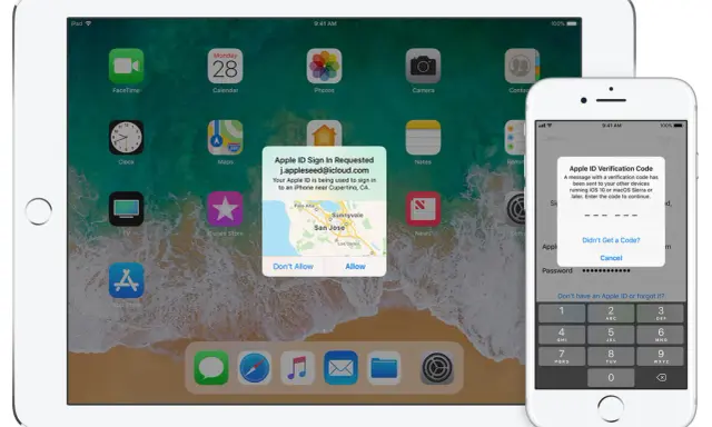 Tvåfaktorsautentisering iPhone: En begäran om inloggning på Apple ID visas på en iPad, medan en iPhone visar en verifieringskod för att fortsätta.