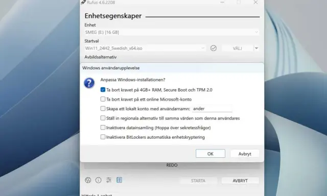 Rufus-fönster som anpassar installationen av Windows 10 eller 11, tar bort krav på RAM, Secure Boot och TPM.