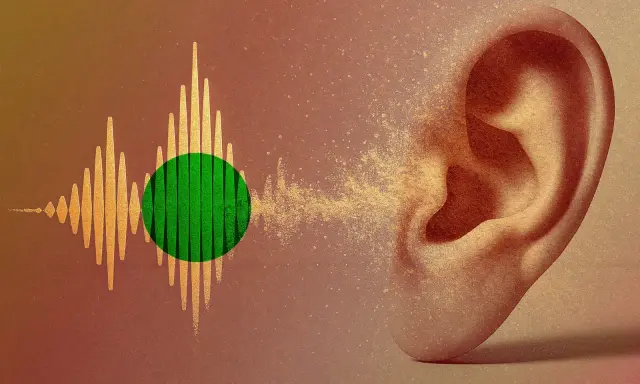 En öra tar emot ljudvågor, som representerar spotify ljudkvalitet.