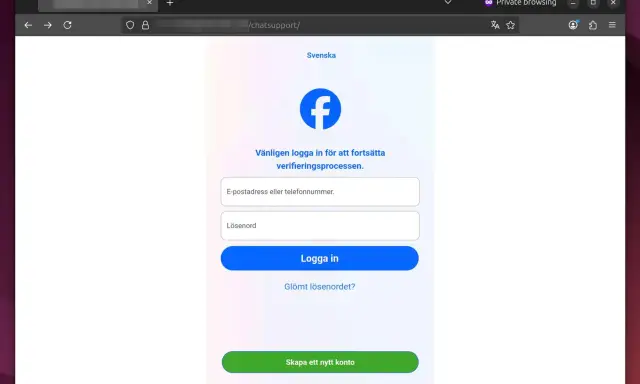 Facebook-inloggning för verifiering. Fält för e-postadress eller telefonnummer, och lösenord. Kapat telefonnummer kan vara en anledning att logga in här.