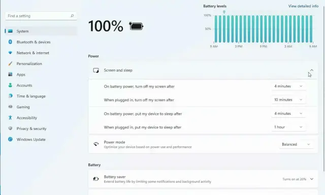 Windows 11 kontrollpanelen visar inställningar för ström och batteri, inklusive skärm- och vilotider samt batterisparläge.