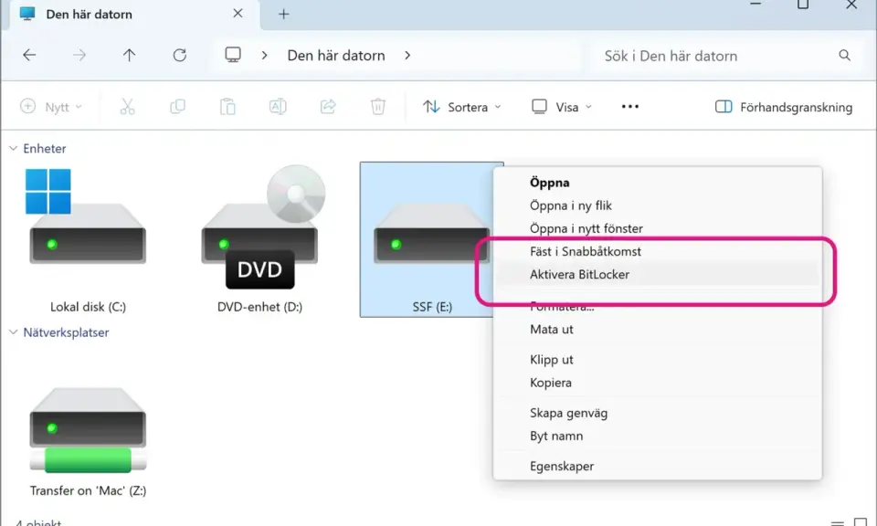 Aktivera BitLocker för att kryptera USB-minne eller annan enhet. Säkerhetskopiera dina filer.