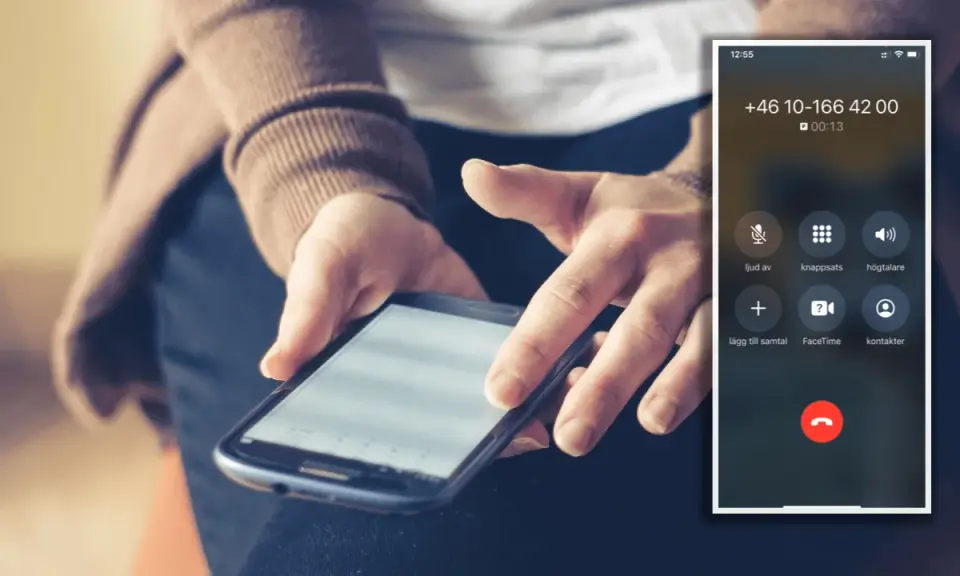 Person håller en mobiltelefon med en aktiv telefonsamtalsskärm. Skärmen visar nummer och alternativ för att hantera samtalet, som hur ringer man dolt.