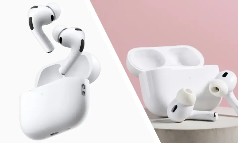 Två par vita AirPods Pro 3 med laddningsfodral. Enkla och eleganta hörlurar för musikälskaren.
