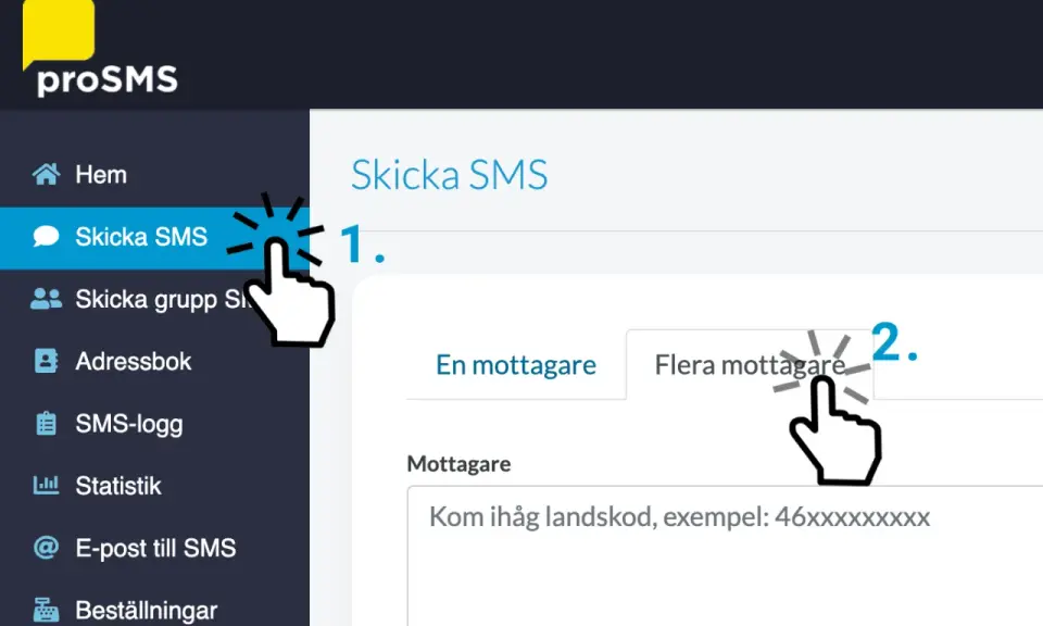 Här visas hur du kan skicka SMS till flera samtidigt. Klicka på "Flera mottagare" för att välja fler mottagare.