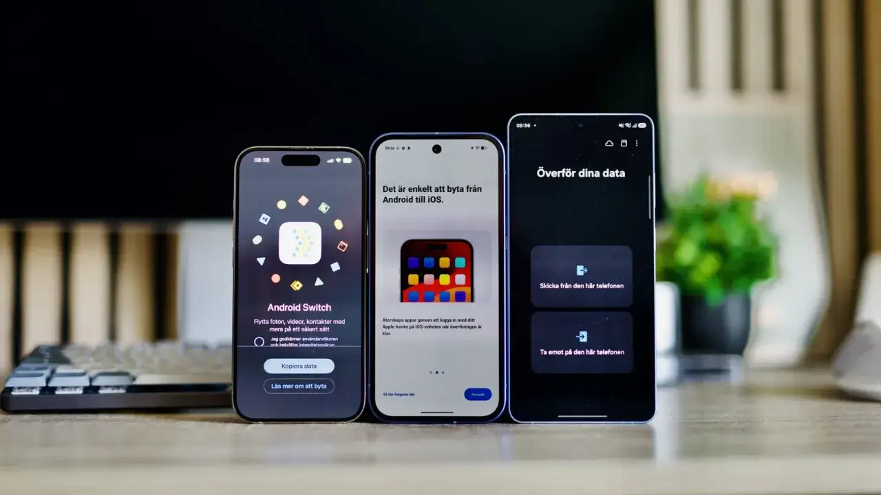 Tre telefoner visar hur du kan ladda ner appar och överföra data mellan enheter.