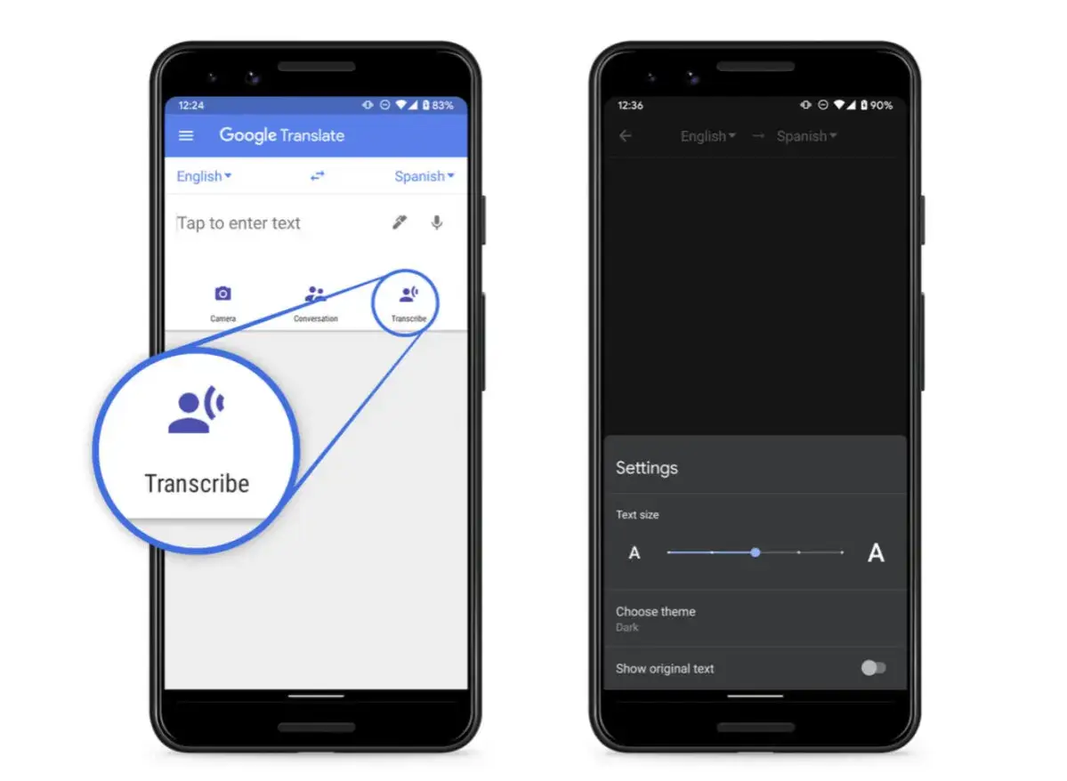 Google Translate-appen visar funktionen Transcribe. Använd google translate kamera för att översätta tal i realtid.