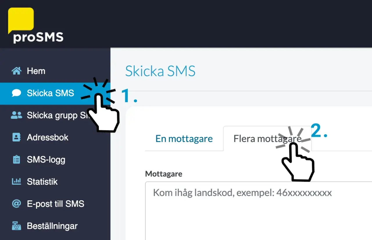 Här visas hur du kan skicka SMS till flera samtidigt. Klicka på "Flera mottagare" för att välja fler mottagare.