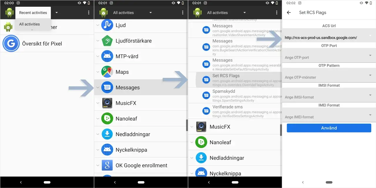 Inställningar för RCS-meddelande, visar alternativ för ACS URL, OTP-port och IMSI/IMEI-format.