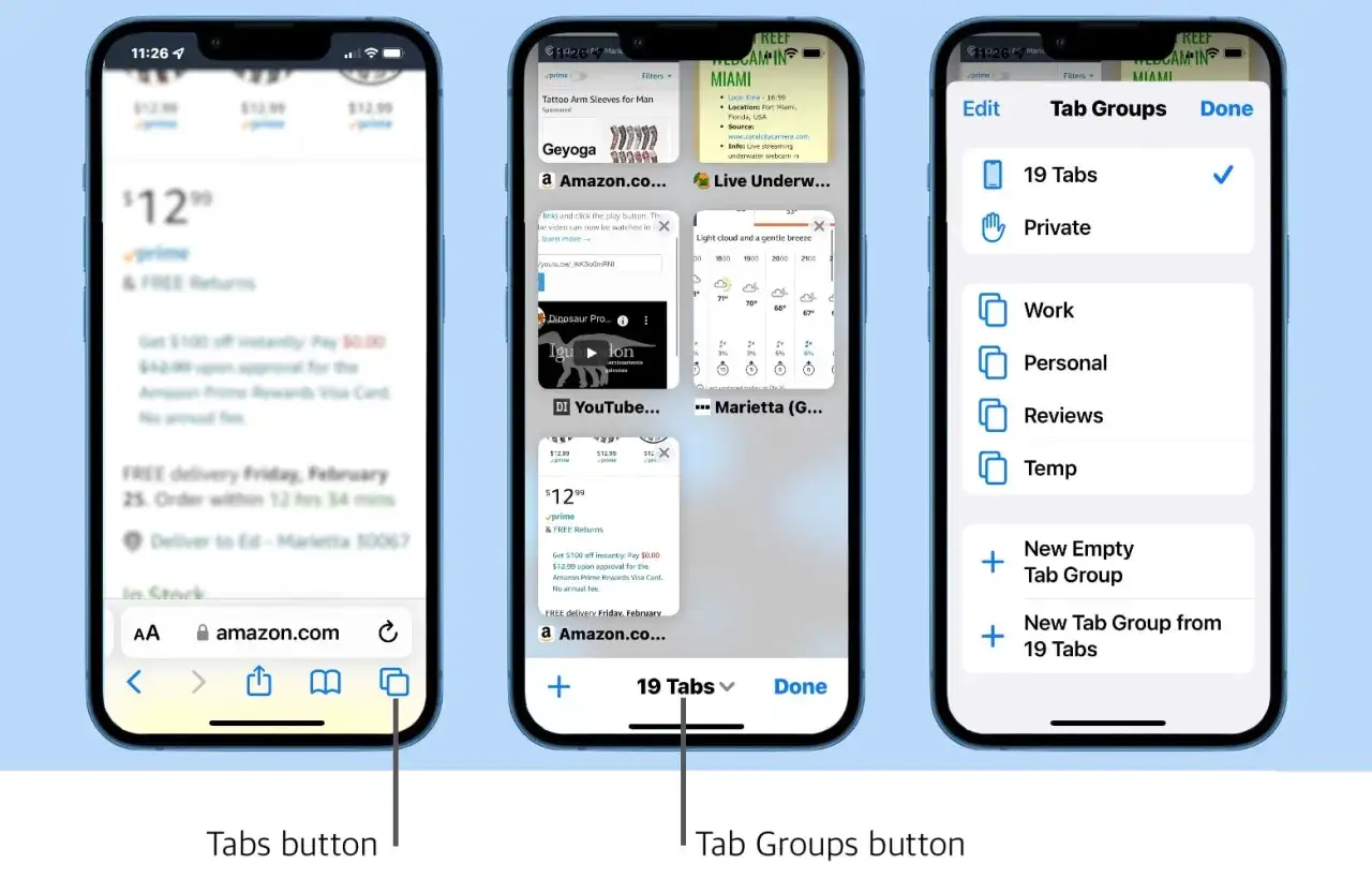 Hantera dina flikar på iPhone. Organisera dina öppna webbsidor i grupper för enklare åtkomst.