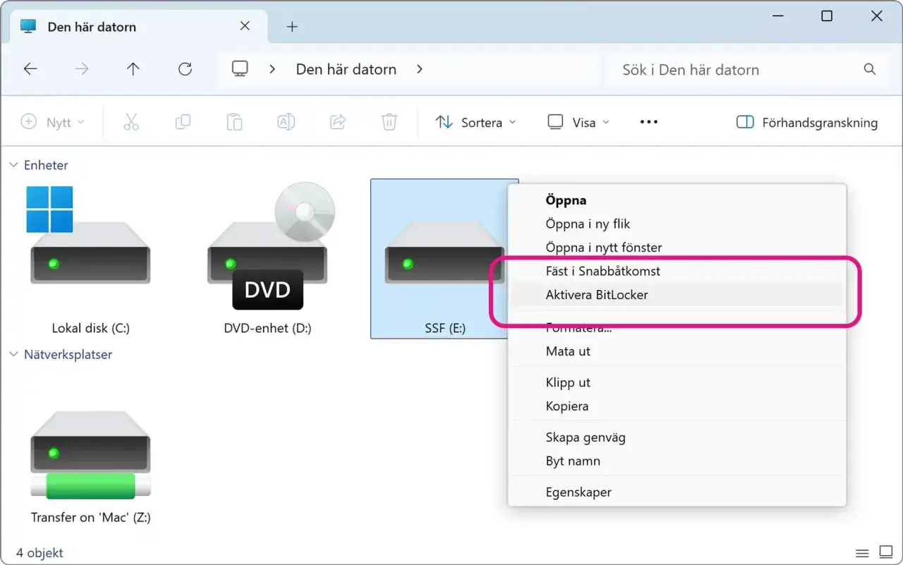 Aktivera BitLocker f&ouml;r att kryptera USB-minne och skydda dina filer.