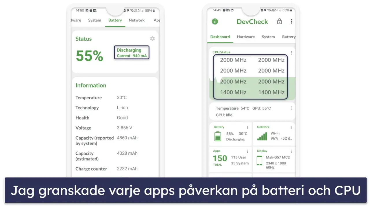 Tv&aring; mobilsk&auml;rmar visar batteri- och CPU-status. En visar 55% batteri, den andra CPU-hastigheter. Perfekt f&ouml;r att hitta gratis antivirusprogram f&ouml;r Android.