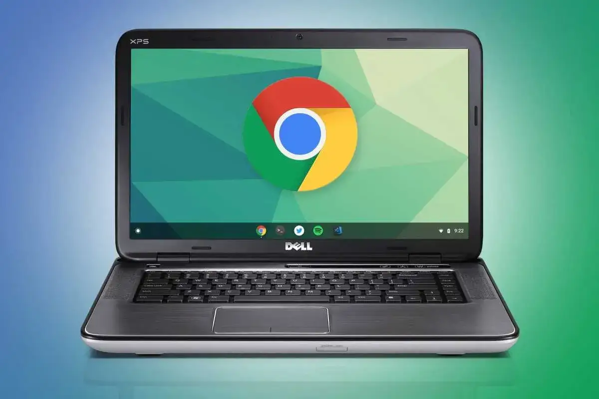 En Dell XPS-laptop med ChromeOS Flex som k&ouml;rs, med den ikoniska Chrome-logotypen p&aring; sk&auml;rmen.