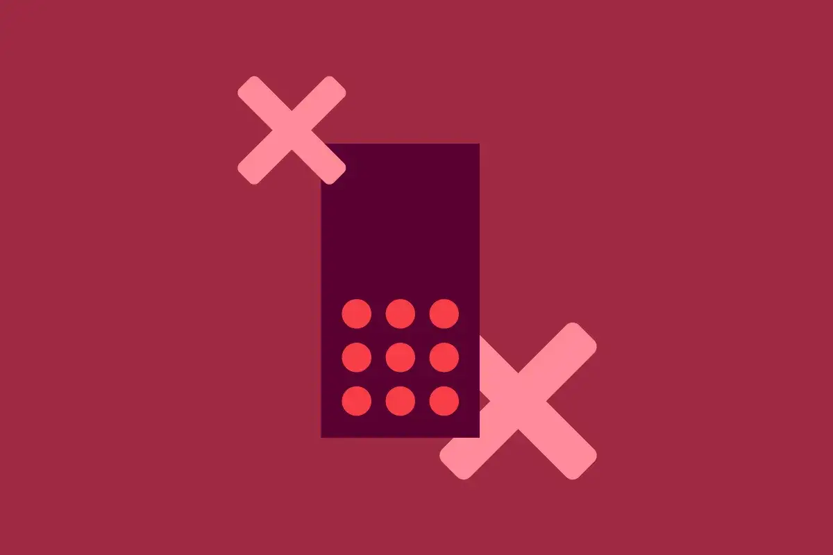 En telefon med siffror och tv&aring; kryss, som symboliserar ett avvisat bluffsamtal med svenskt nummer.