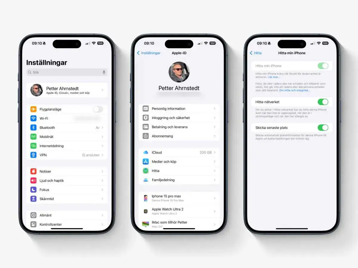 Inställningar på iPhone visar hur du kan aktivera Hitta min iPhone för att skydda din enhet.