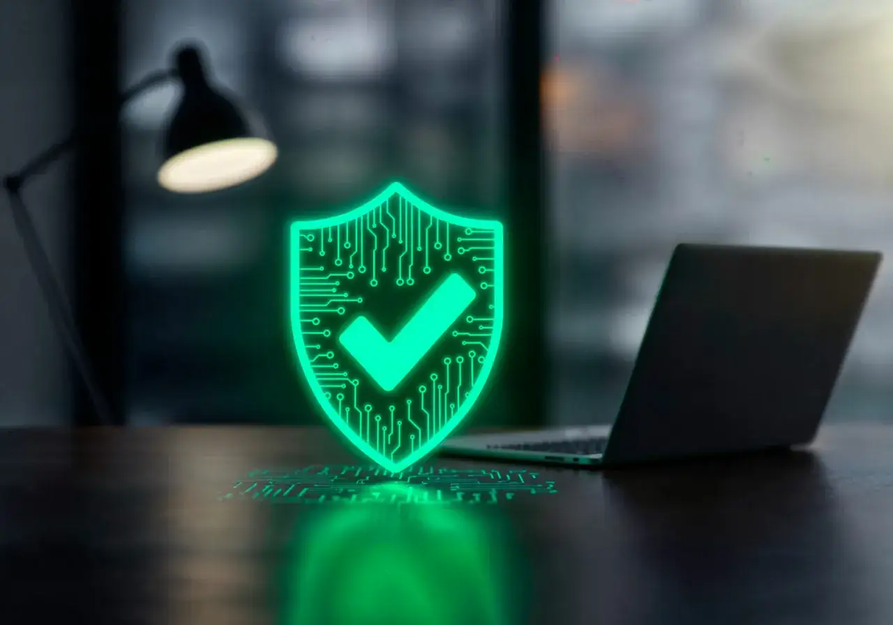 En lysande grön sköld med ett kryss symboliserar ett bra virusprogram. Bredvid syns en laptop på ett mörkt skrivbord.