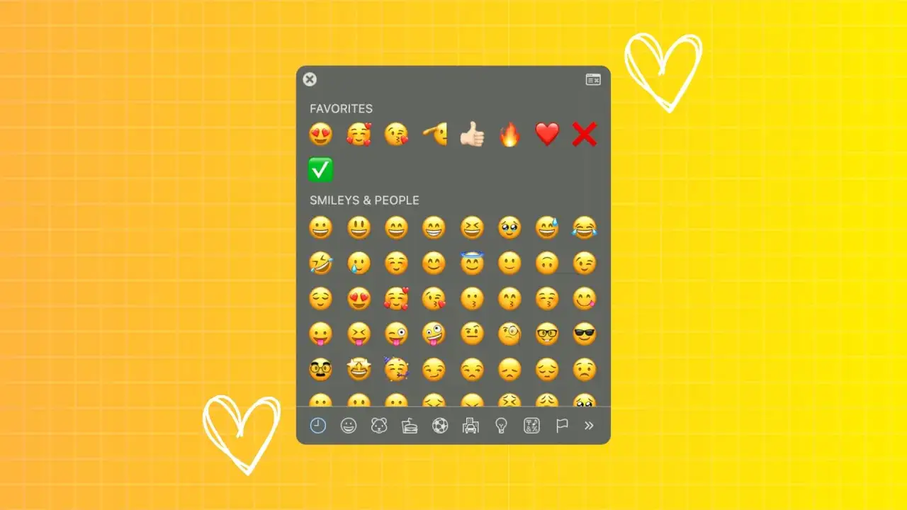 En emoji-meny p&aring; en Mac med glada miner och hj&auml;rtan.