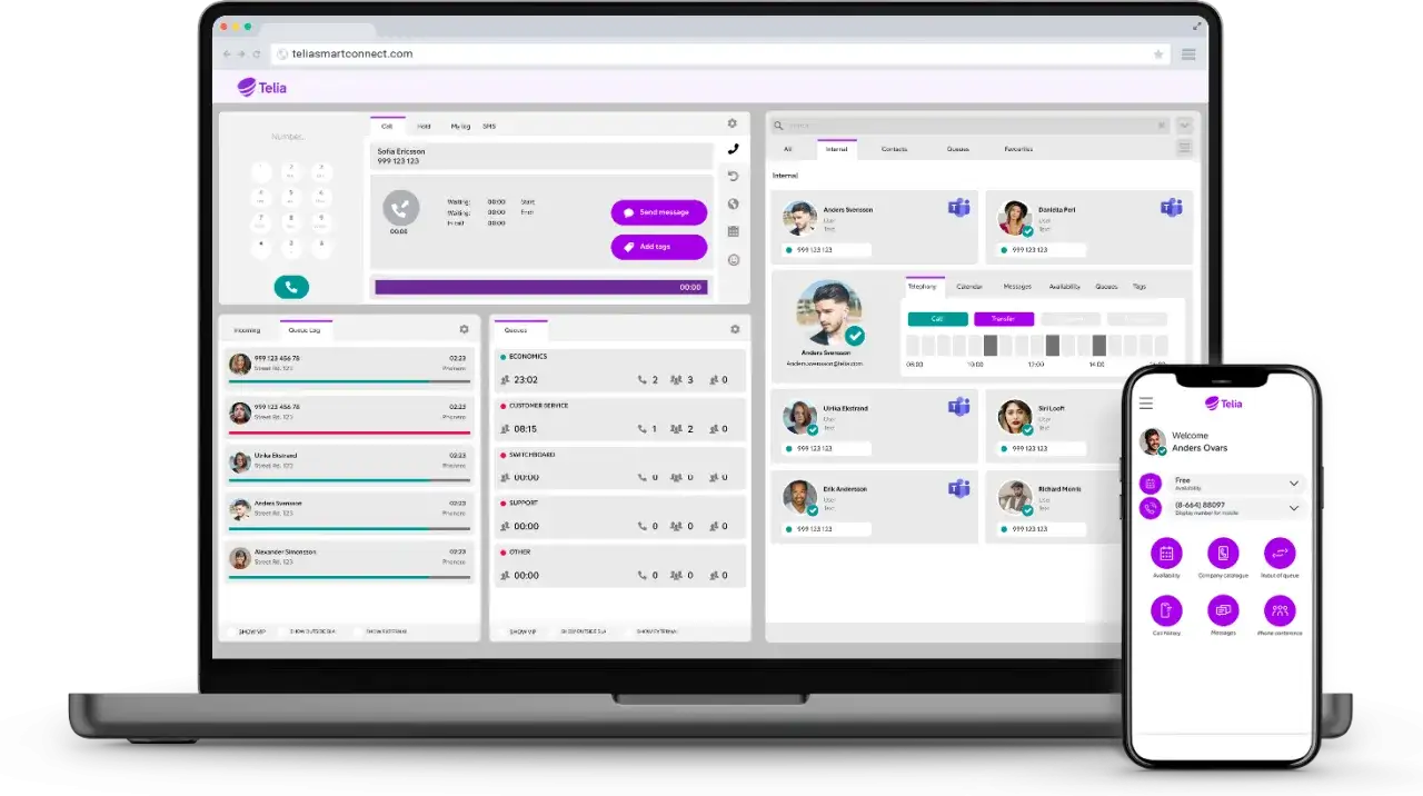 Telia Smart Control app visar samtalshistorik, köer och kontakter på en dator och mobil.