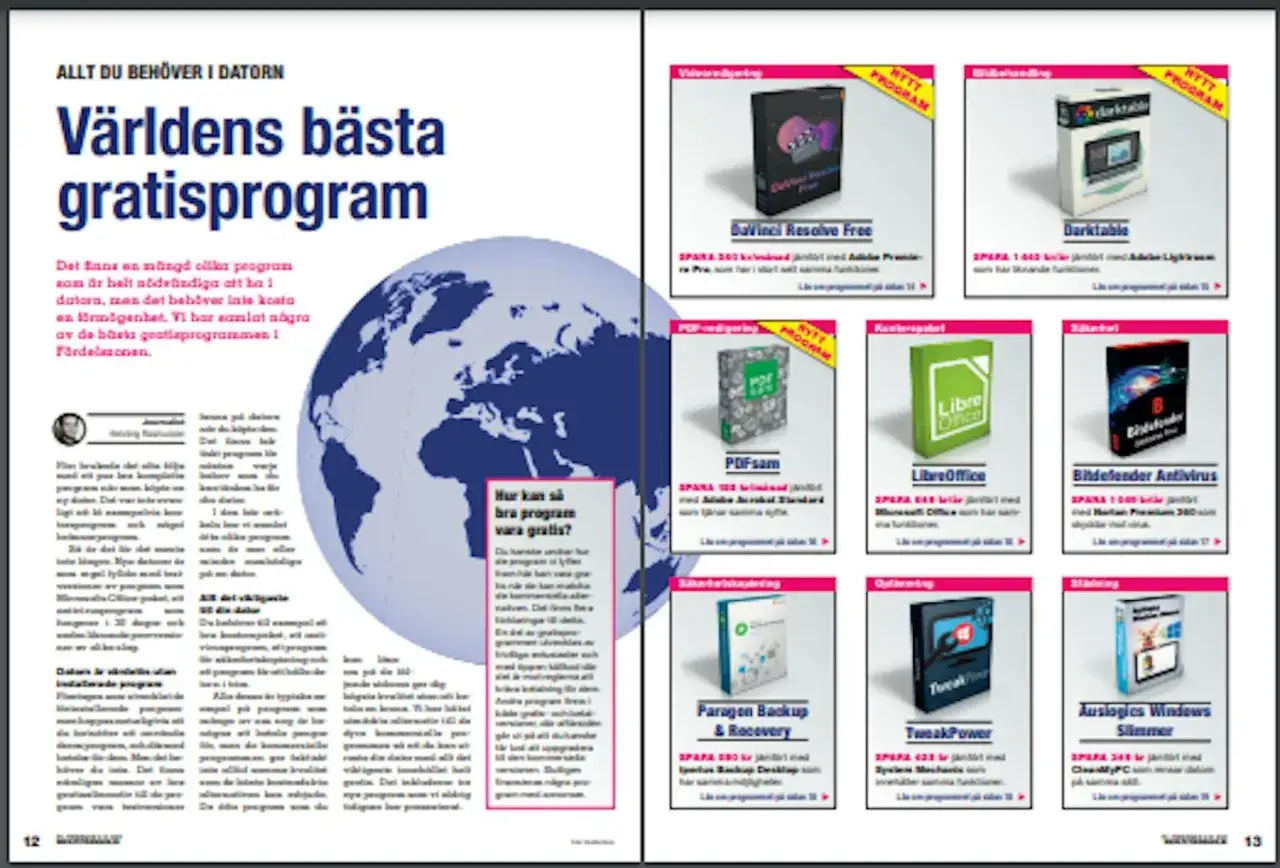 V&auml;rldens b&auml;sta gratisprogram listas, inklusive DaVinci Resolve Free, LibreOffice och Bitdefender Antivirus.
