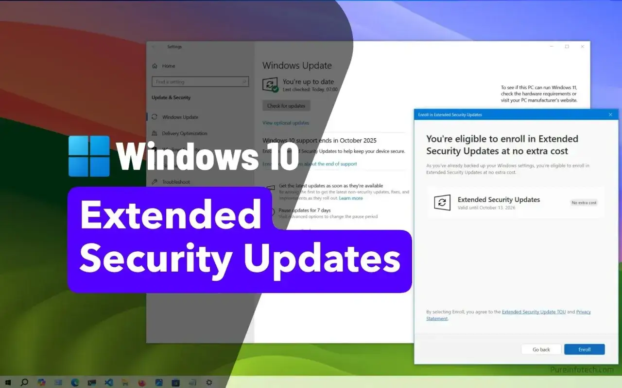 Windows 10-skärmbild som visar att du kan anmäla dig till utökade säkerhetsuppdateringar utan extra kostnad.