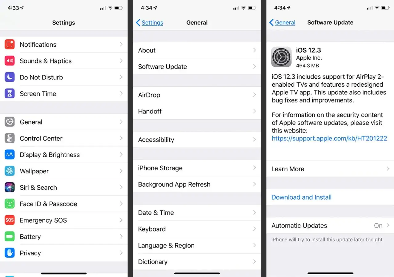Visar inställningar för en iOS-uppdatering. Version 12.3 är tillgänglig med nya funktioner och förbättringar.