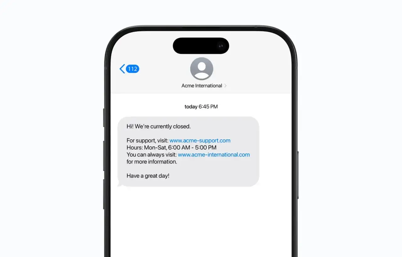 SMS fr&aring;n Acme International med information om st&auml;ngning och l&auml;nkar f&ouml;r support. Perfekt f&ouml;r att skicka gratis sms fr&aring;n mobilen.
