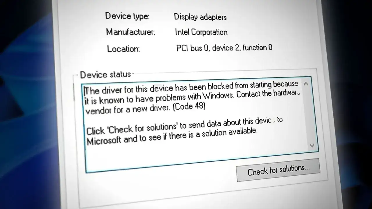 F&ouml;nstret i Enhetshanteraren svenska visar att drivrutinen f&ouml;r grafikkortet blockerats p&aring; grund av problem med Windows.