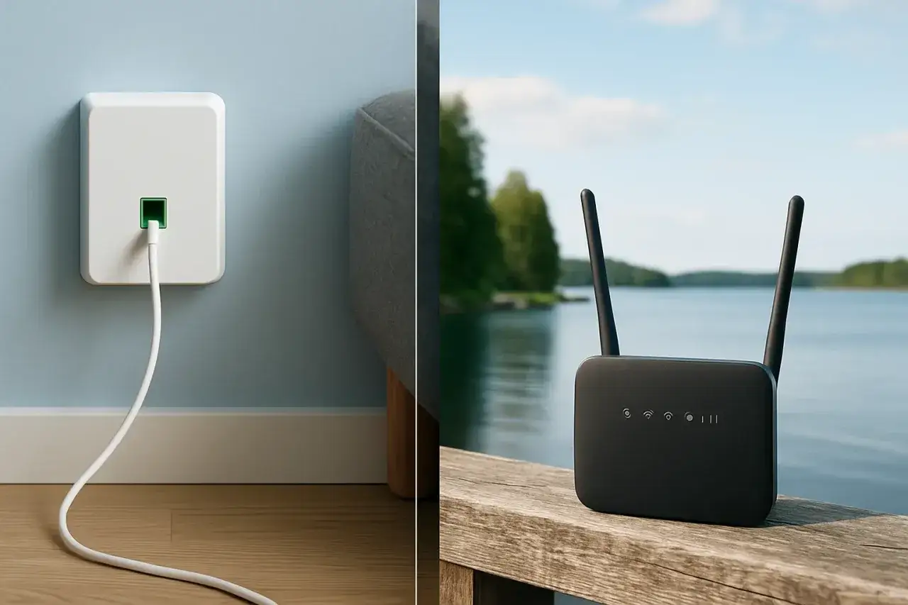 V&auml;lj mellan fiber eller mobilt bredband. En vit dosa med kabel p&aring; v&auml;ggen, och en svart router vid en sj&ouml;.