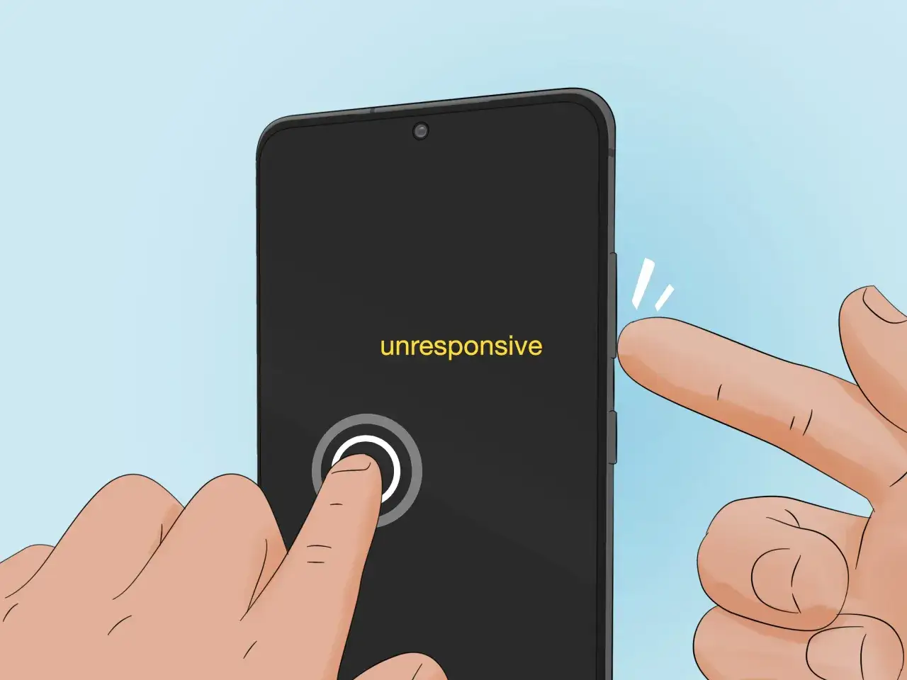 En finger trycker på en knapp på en telefon som visar