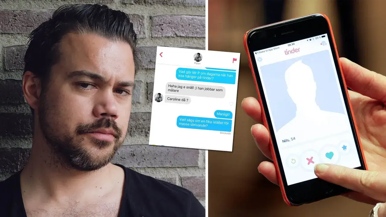Man visar en man och en Tinder-profil. En konversation p&aring; Tinder antyder att det kan finnas tinder bilder p&aring; bedragare.