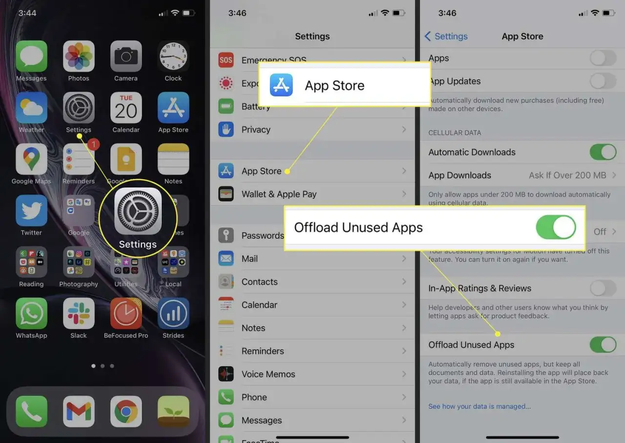 Inställningar på iPhone visar hur du kan avlasta appar. Välj App Store och sedan