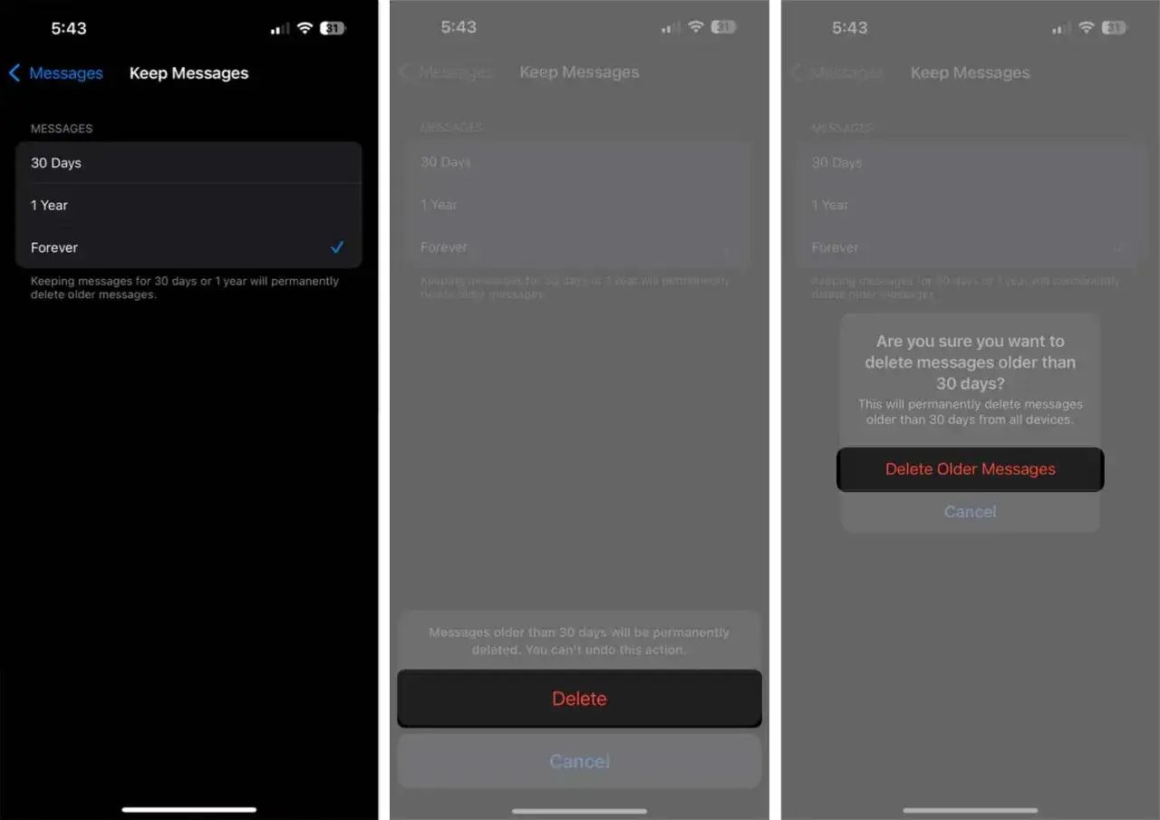 Inst&auml;llningar f&ouml;r att radera SMS p&aring; iPhone. V&auml;lj hur l&auml;nge meddelanden ska sparas innan de raderas automatiskt.