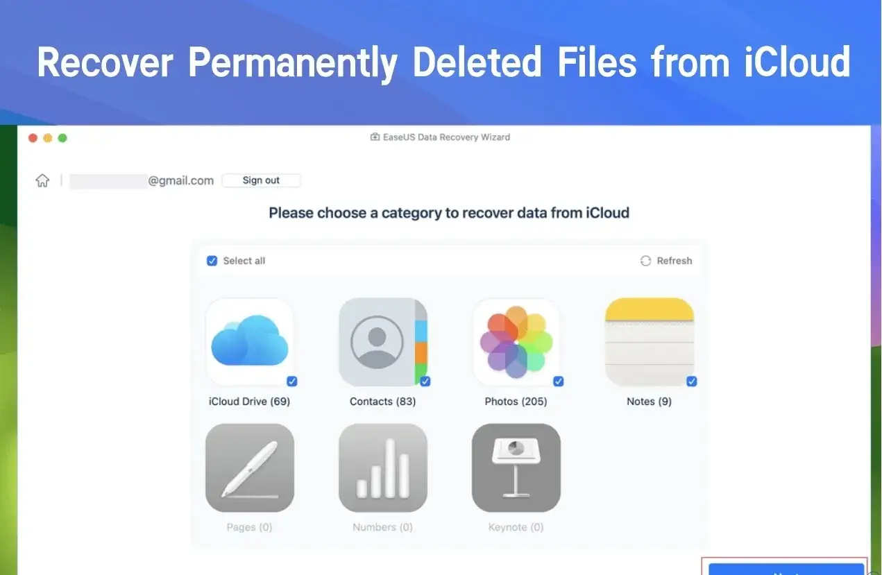 Återställ senast raderade filer från iCloud. Välj kategori som foton, kontakter eller dokument för att återställa data.