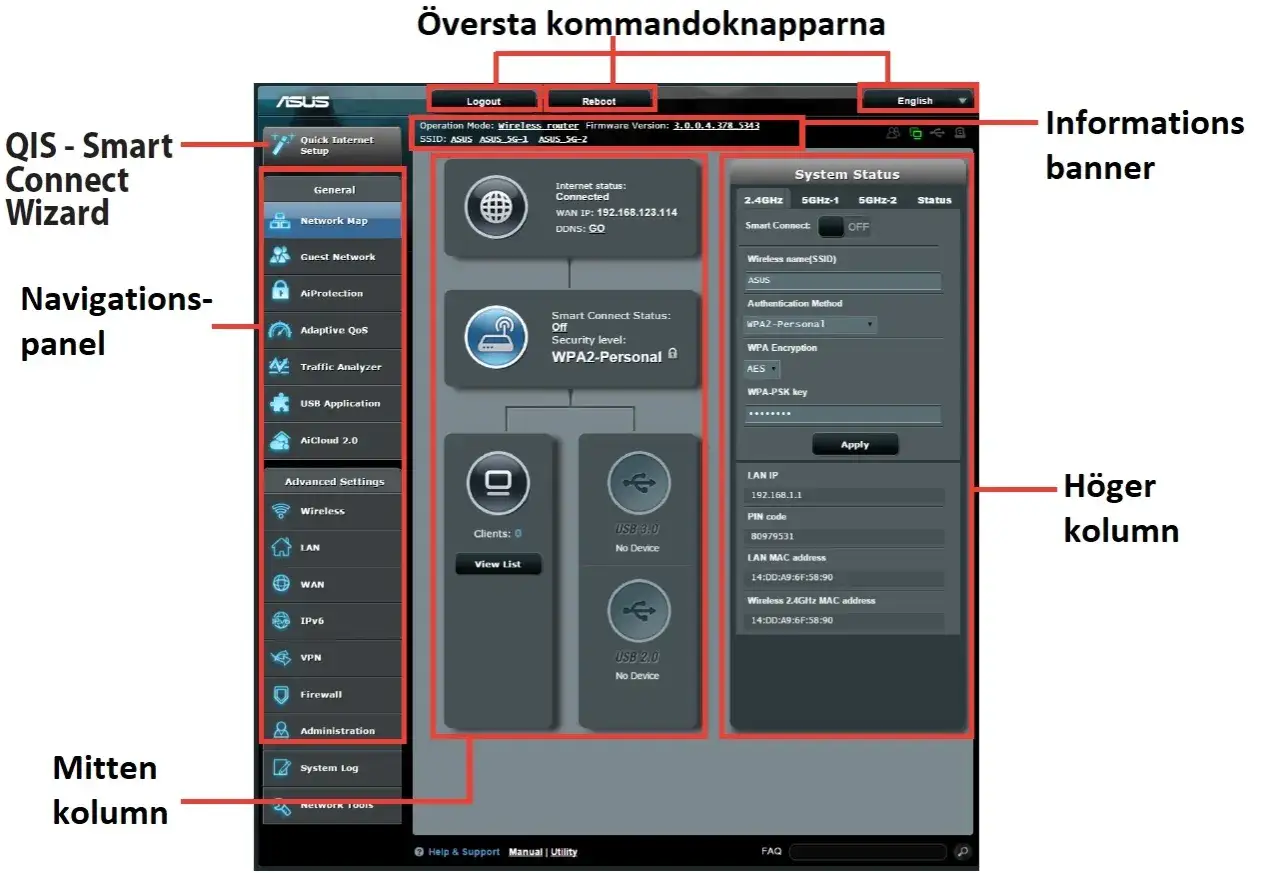Gränssnitt för att logga in på Asus router. Visar systemstatus, nätverksinställningar och klienter.