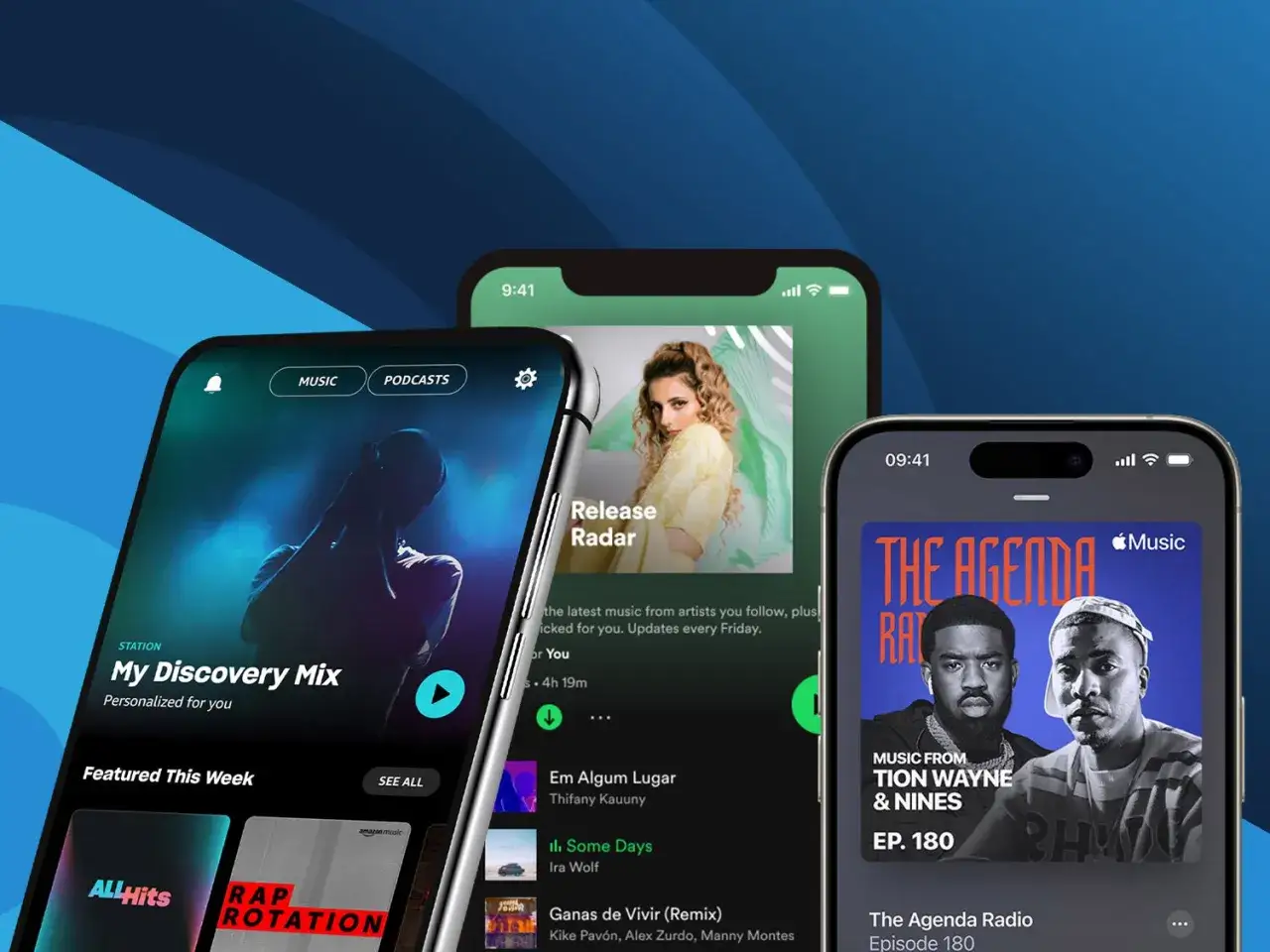 Tre telefoner visar musikappar. En visar 