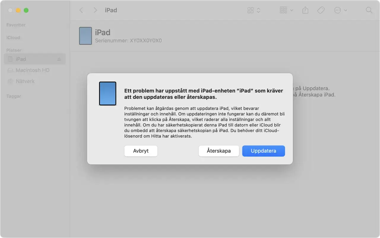 Ett felmeddelande visas för en iPad som inte startar. Det föreslås att uppdatera eller återskapa enheten.