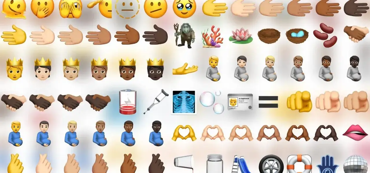 En samling av nya emojis med ansikten, h&auml;nder, kungar, gravida personer, hj&auml;rtan och mer.