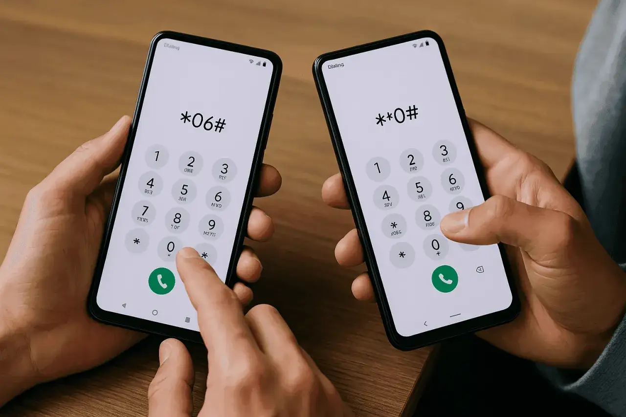 Två händer håller varsin mobiltelefon. På skärmarna visas siffror och symboler, som om någon försöker lista ut hur man ringer dolt.