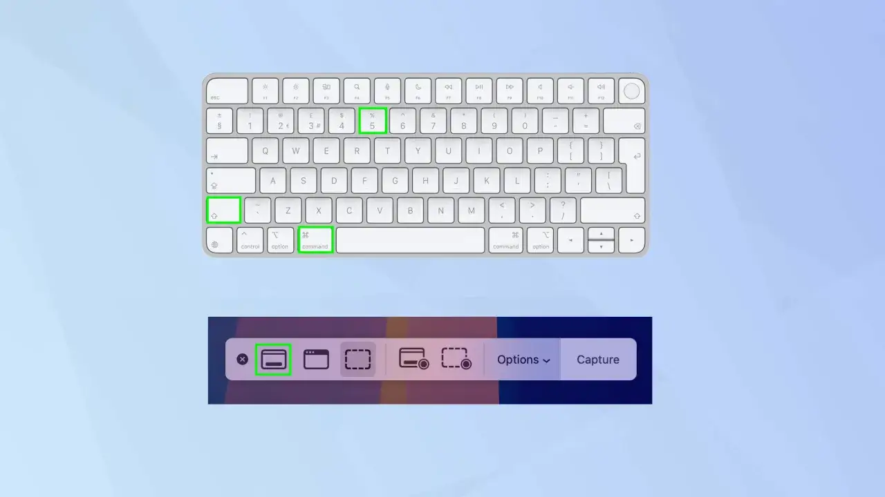 Tangentbord på en MacBook Air med skärmdumpverktyget öppet. Tangenterna ⇧, 5 och ⌘ är markerade.