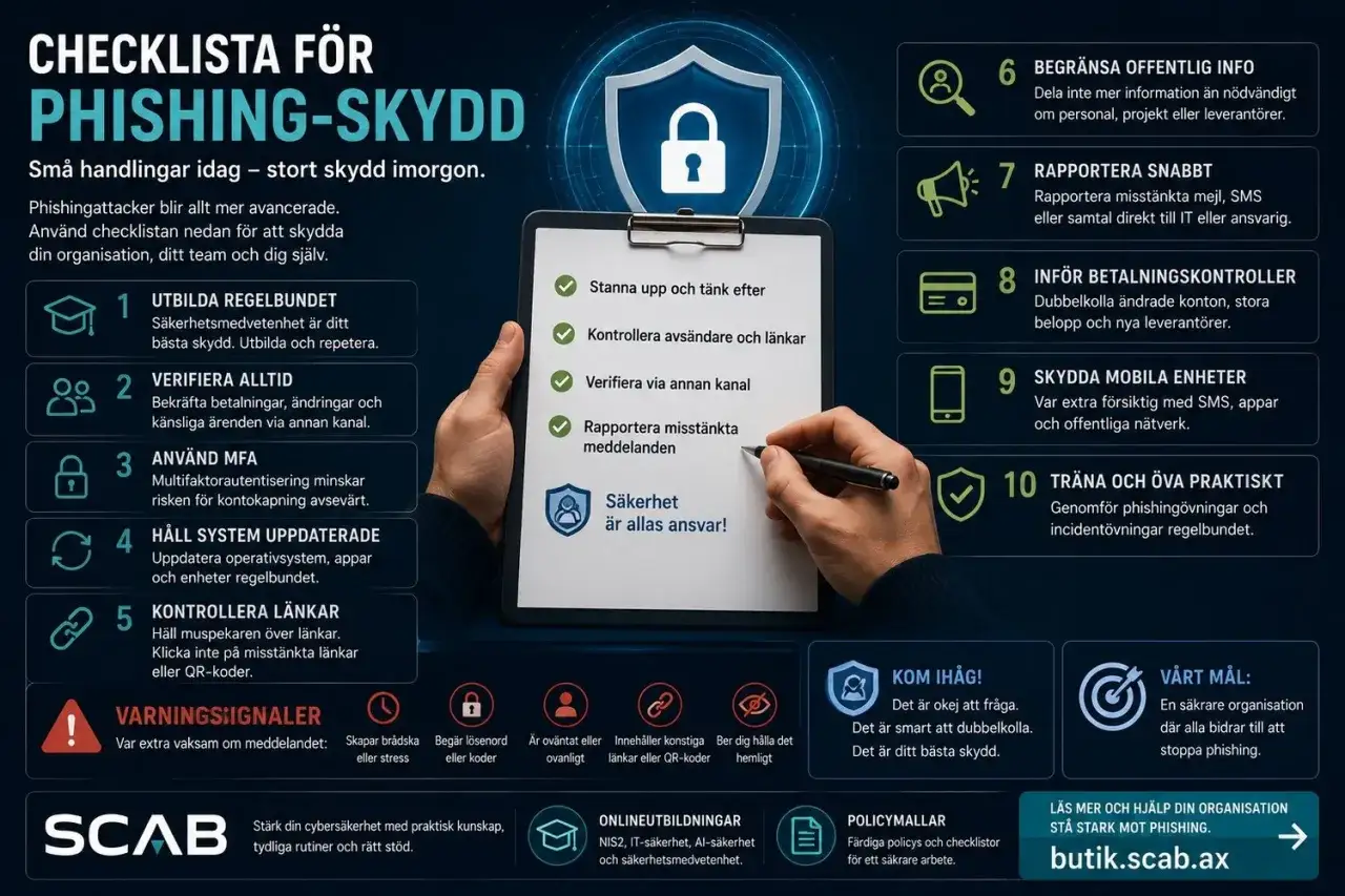 Checklista för phishing-skydd: Verifiera avsändare, länkar och betalningar. Dubbelkolla allt för att undvika bluff faktura. Säkerhet är allas ansvar!