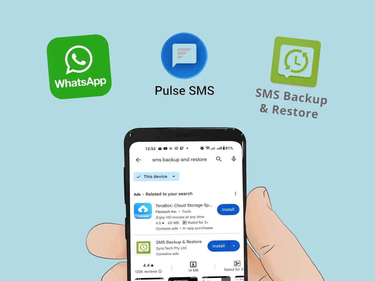 Appar för att hantera arkiverade SMS visas, inklusive WhatsApp, Pulse SMS och SMS Backup & Restore.