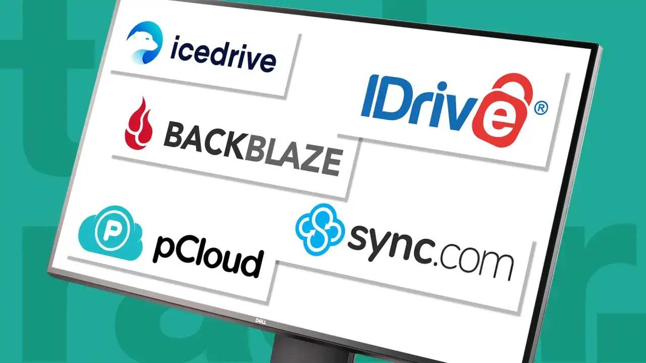 Sk&auml;rm visar logotyper f&ouml;r molnlagringstj&auml;nster som Icedrive, Backblaze, IDrive, pCloud och Sync.com.