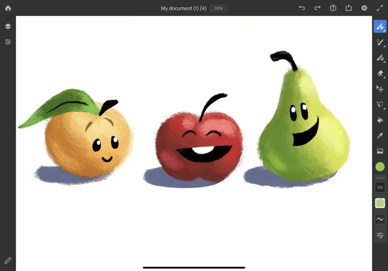 Tre glada frukter, en persika, ett äpple och en päron, målade i Adobe Fresco.
