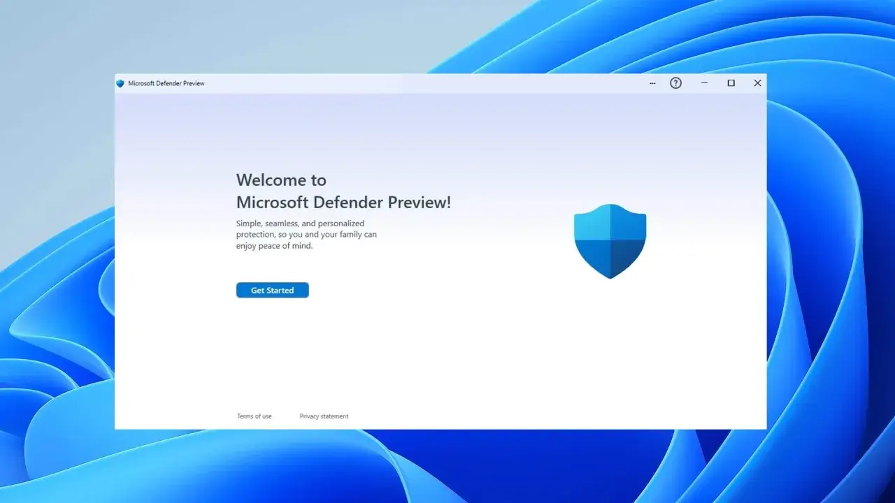 Microsoft Defender Preview-f&ouml;nster med en sk&ouml;ldikon, redo att ge antivirus-skydd f&ouml;r Windows 11.