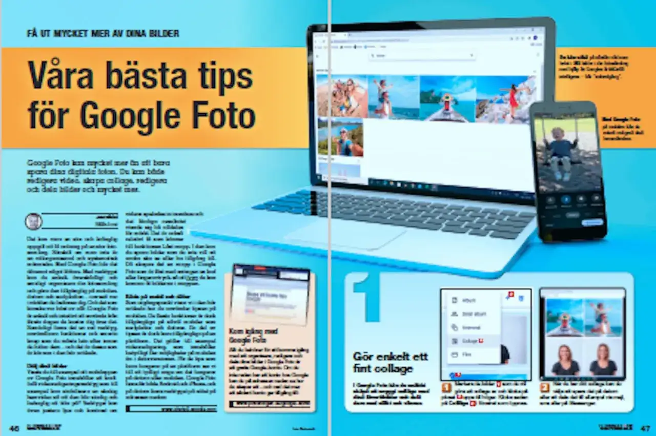 Google Foto p&aring; datorn visar tips f&ouml;r att skapa collage och redigera bilder. En laptop och en mobiltelefon visas.