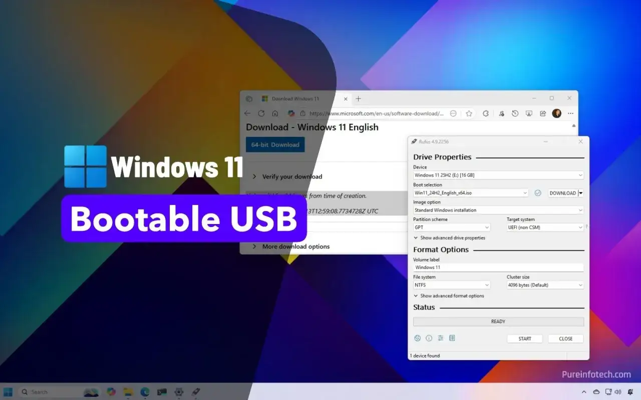 Skapa en bootbar Windows 11 USB med Rufus. Bilden visar nedladdning av Windows 11 och Rufus-verktyget för att förbereda USB-minnet.